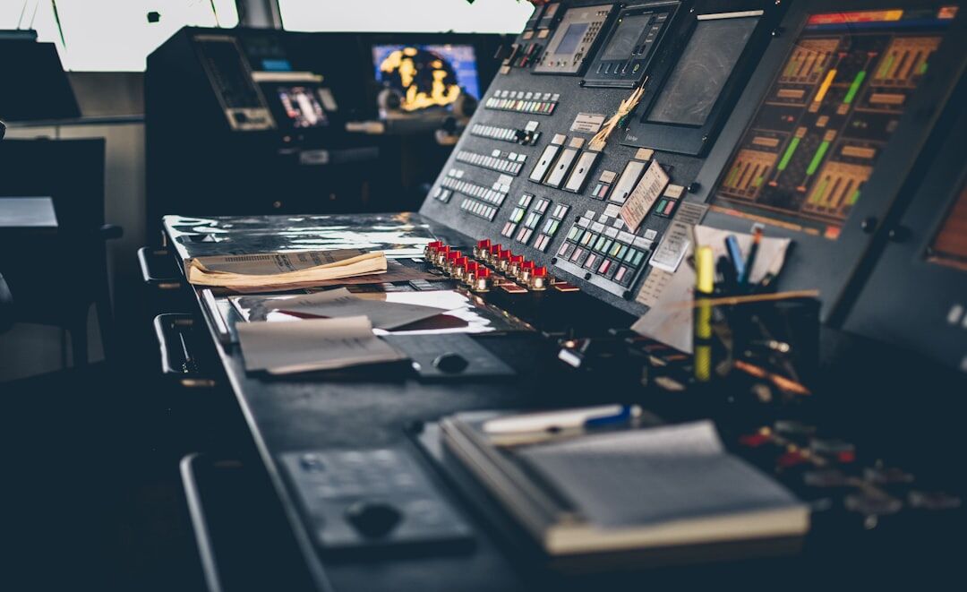Newsroom control room with multiple video screens in Johannesburg